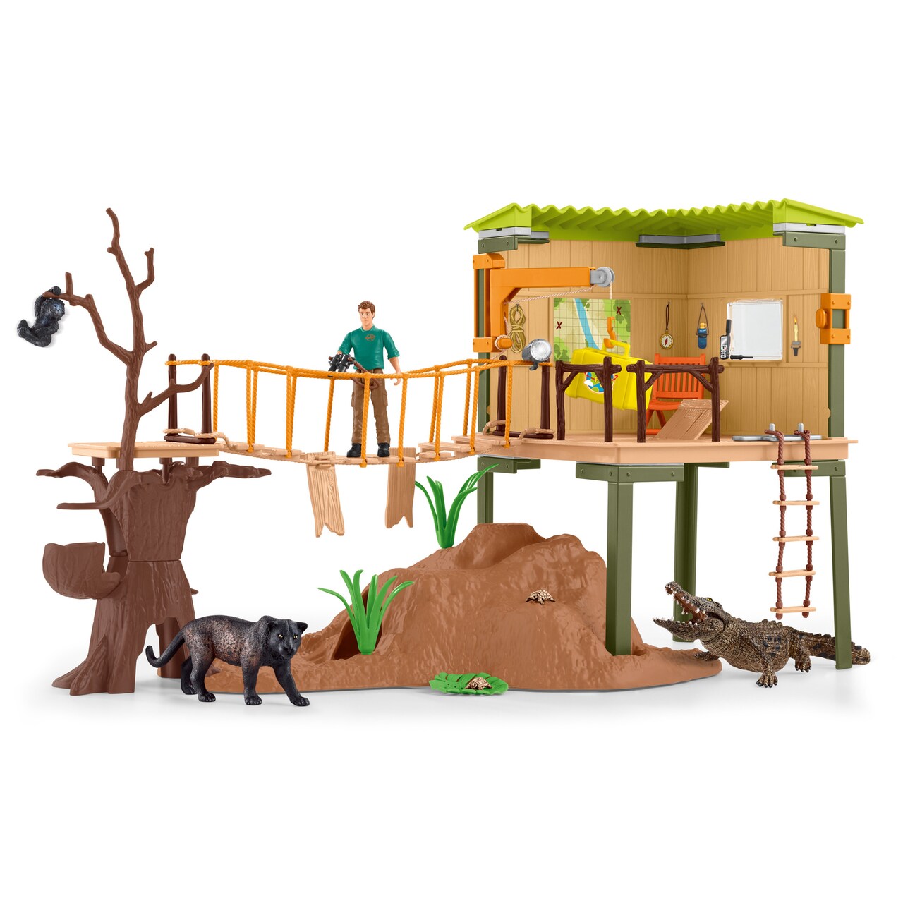 Schleich Wild Life: Ranger Adventure Station - Playset, Wild Safari Animal Toy, Alligator, Turtles, Monkey & Black Panther Figurines, Kids Ages 3+